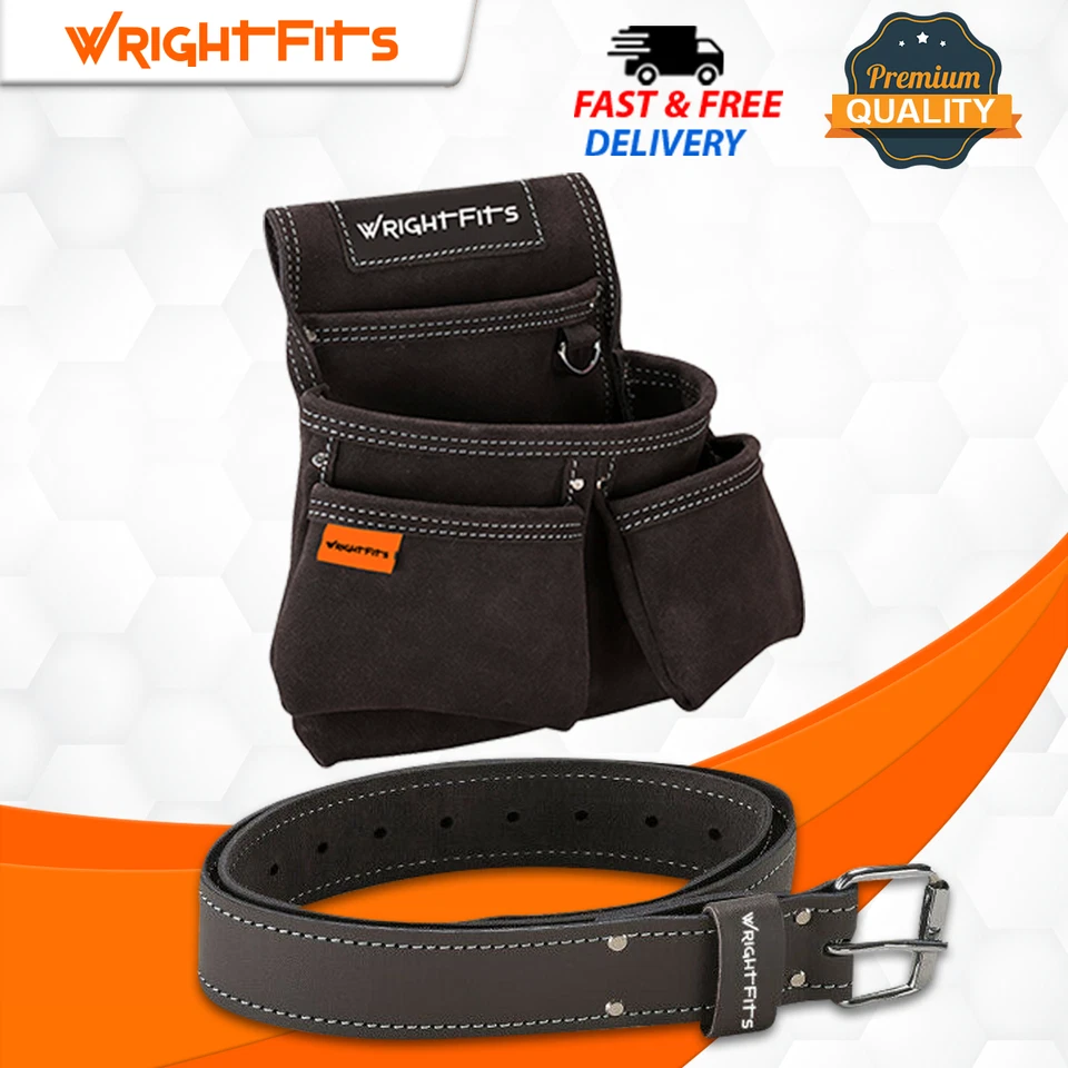 WrightFits Leather Tool Belt With Double Nail Pocket Work Pouch 2 in 1 - WW1619