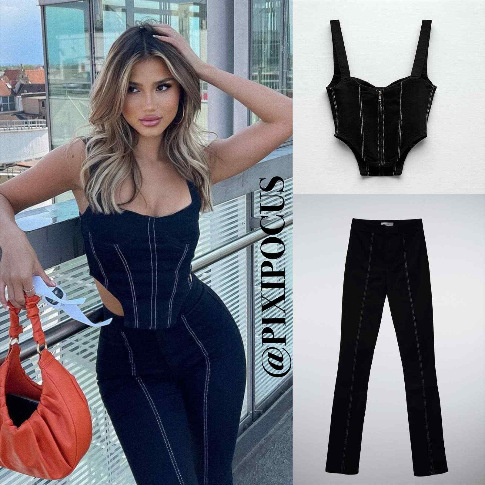 ZARA NEW [ 2 PIECES ] DENIM CORSET + VENTED PANTS CO-ORD SET BLUE / BLACK 6  - 8 | eBay