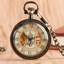 Open Face Mechanical Pocket Watch Skeleton with Pendant Chain for Women Men Gift