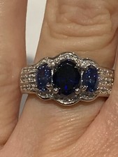 Stunning Tonal Blue Oval CZ  Round Clear CZ 925 Silver Ring Size 8