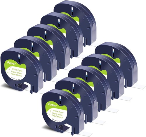 MarkDomain 10-Pack Dymo LetraTag Compatible Label Tape, 12mm X 4m, White Paper, Black On White, Easy Peel, 91330 Replacement