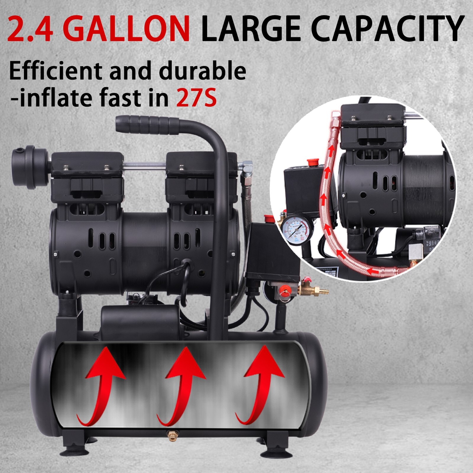 2.4 Gallon  Ultra Quiet Air Compressor 110V/60Hz/1.0HP/5.65 CFM