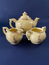 vintage Pearl China Co yellow pottery teapot creamer & sugar bowl c.1950s U.S.A.