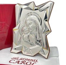 Immagine sacra Quadro laminata argento Madonna con Gesù Bambino firmata 17x22cm.