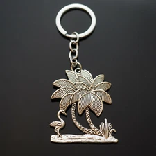 Flamingo Beach Palm Tree Keychain Silver Pendant Lover Gift Tropical Key Chain