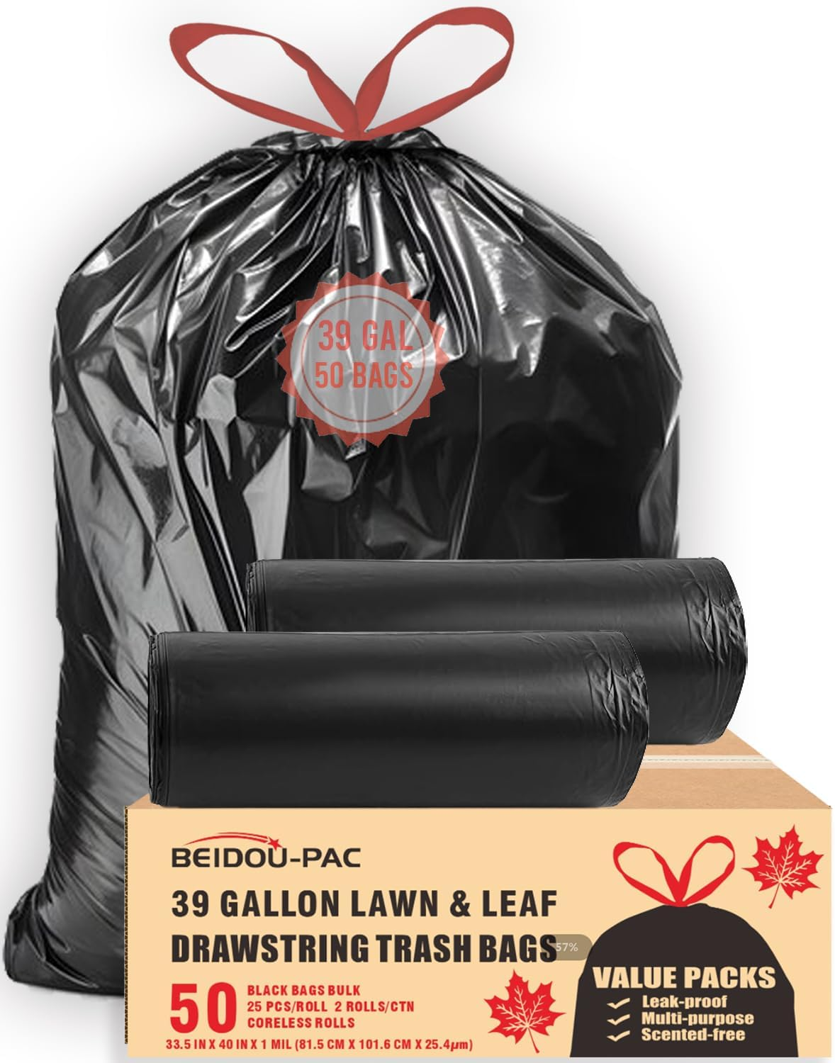 39 Gallon Lawn & Leaf Trash Bags Drawstring, 50 Count, Heavy Duty Black & Unscen