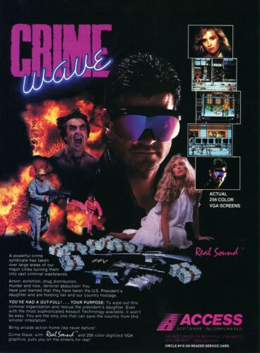 Crime Wave PC Tandy Dos original 1990 publicité authentique jeu vidéo corny promo - Photo 1 sur 1