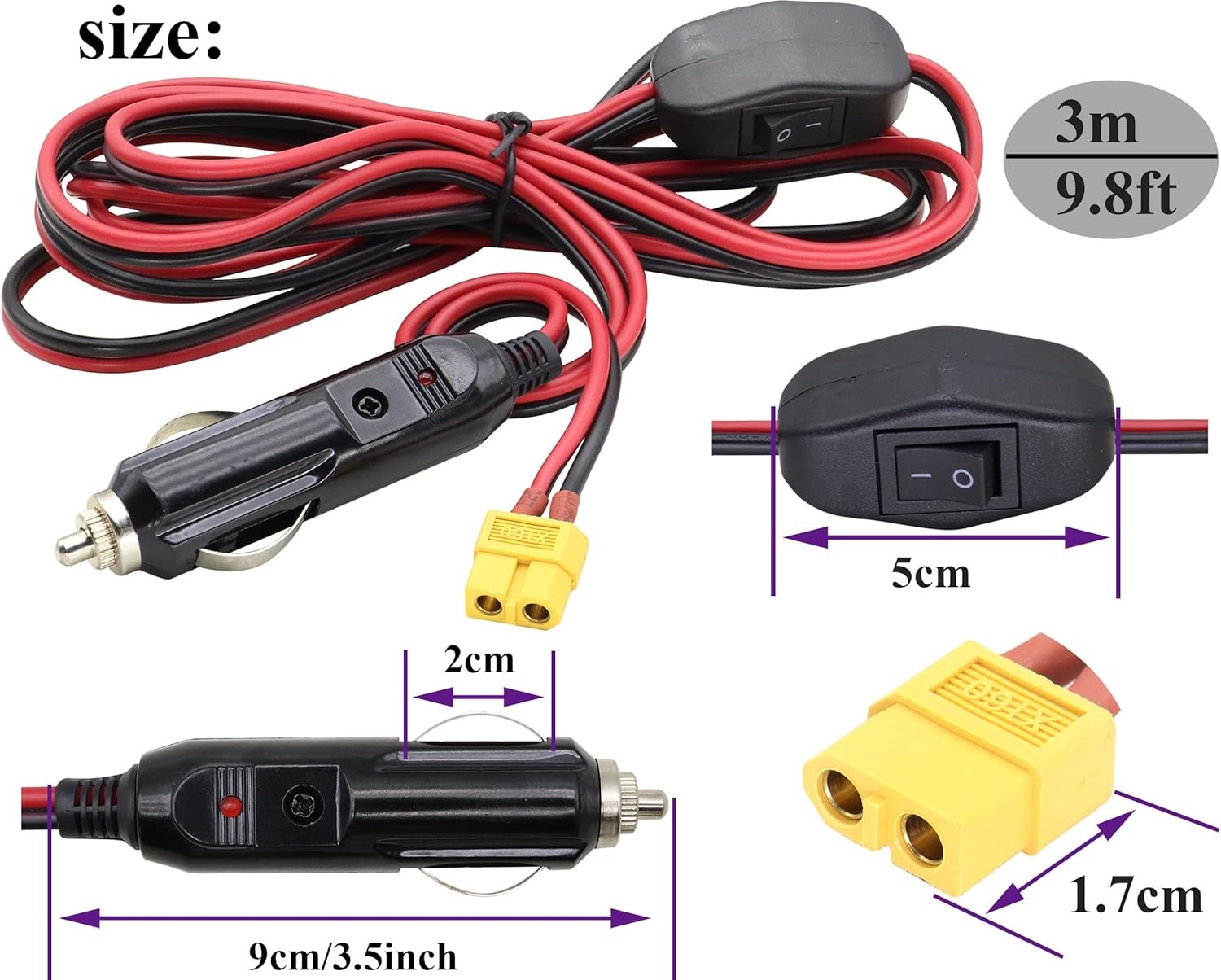 Female to Cigarette Lighter With Switch Cable, 16AWG-3 Meters-XT60 Female