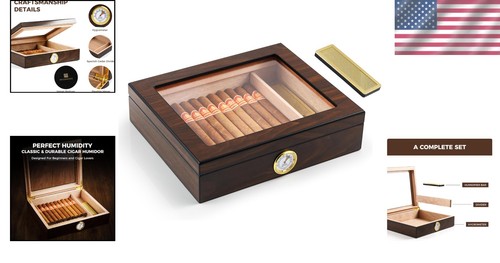 Elegant Walnut Cigar Humidor for 25 with Hygrometer & Spanish Cedar Lining - Picture 2 of 9