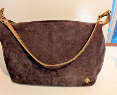 VTG RLR Brown Suede Hobo Shoulder Bag Metallic Gold Leather Trim Monogram Y2K