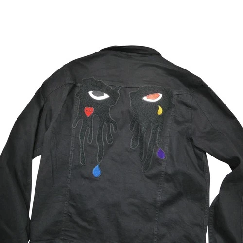 Roku Studio Jacket Mens Large Black Denim Drip Eyes Art Embroidered Back Graphic - product listing photo