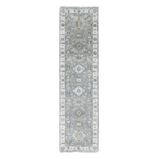 2'7"x9'9" Cloud Gray Pure Wool Karjihooz Design, Hand Knotted Runner Rug R10073