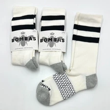 3 pairs BOMBAS Men's Cushioned Vintage Stripes Calf Socks Size L 9.5-13 White
