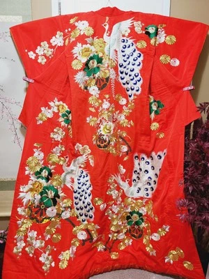 Japanese Wedding Kimono,red Uchikake With White Peacocks Heavily Embroidered - Image 1 of 4