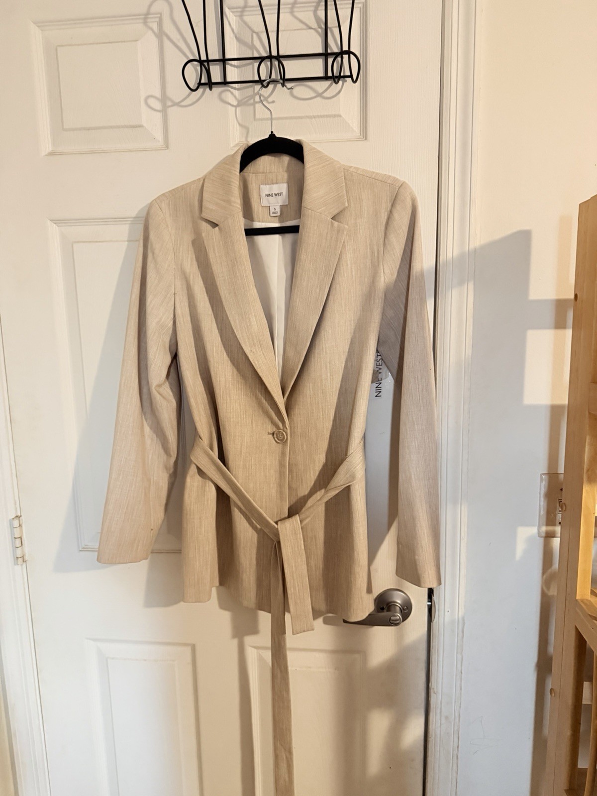 Nine West Women's Beige Belted Button Lined Mid-Length Blazer Jacket S