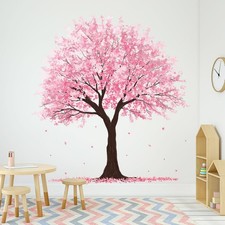 Large Tree Wall Decals Pink Floral Leaves Wall Stickers Peel and Stick Wall D...