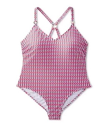 NEW Kona Sol Women Wide Ribbed Ring One Piece Swimsuit Red White Blue M