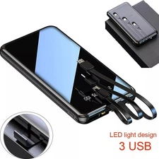 Portable Power Bank 10000mAh Fast Charging Battery with 3 Built in Cables Black