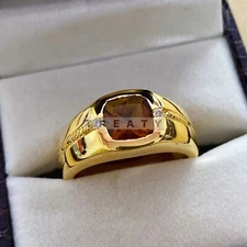 Citrine Cushion Cut With 925 Sterling Silver Gold Plated Ring For Men's #B793