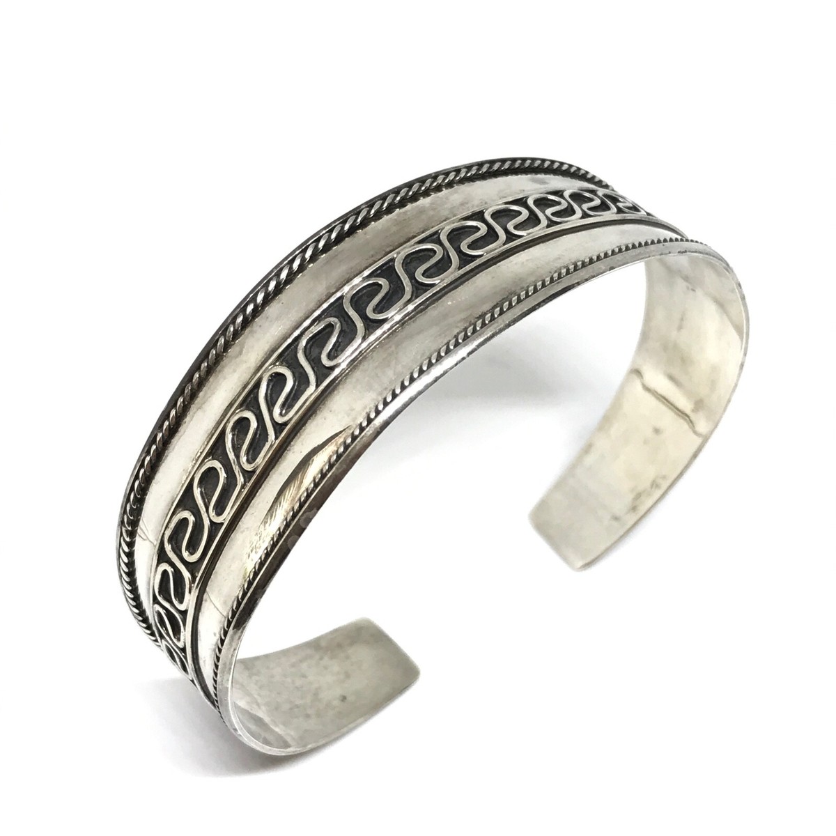 アクセサリー Vintage Silver Wide Wave Caff Bangle 925 Vintage 925 Sterling Silver Unique Pattern Rope Design Wide