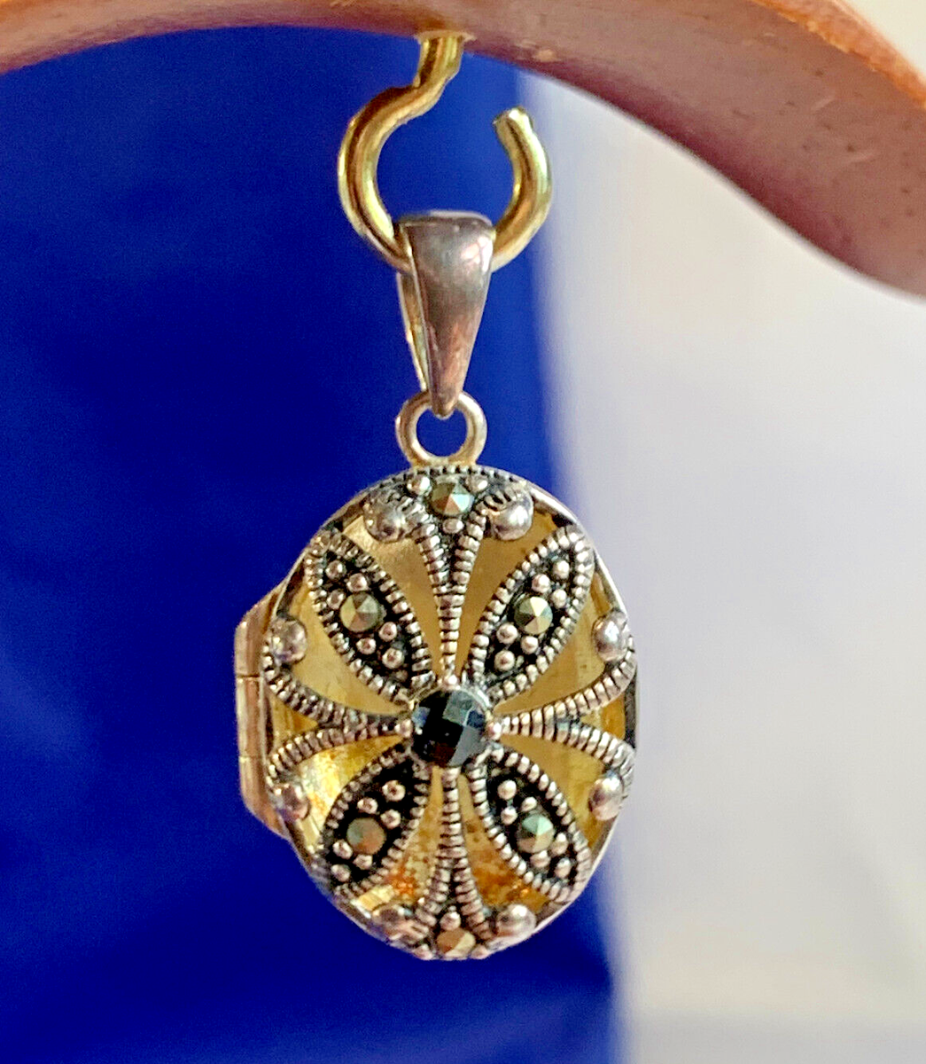 Sterling Silver Locket Fine Jewelry Black Faceted Stone Marcasite  Pendant