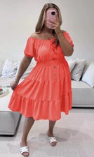 Ladies Elastic Bardot Off Shoulder Magic Button Summer Smock Tiered Midi Dress