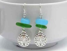 Frosted Blue  Green Sea Glass Beach Stone Pebble Silver Charm SAND DOLLAR Shell