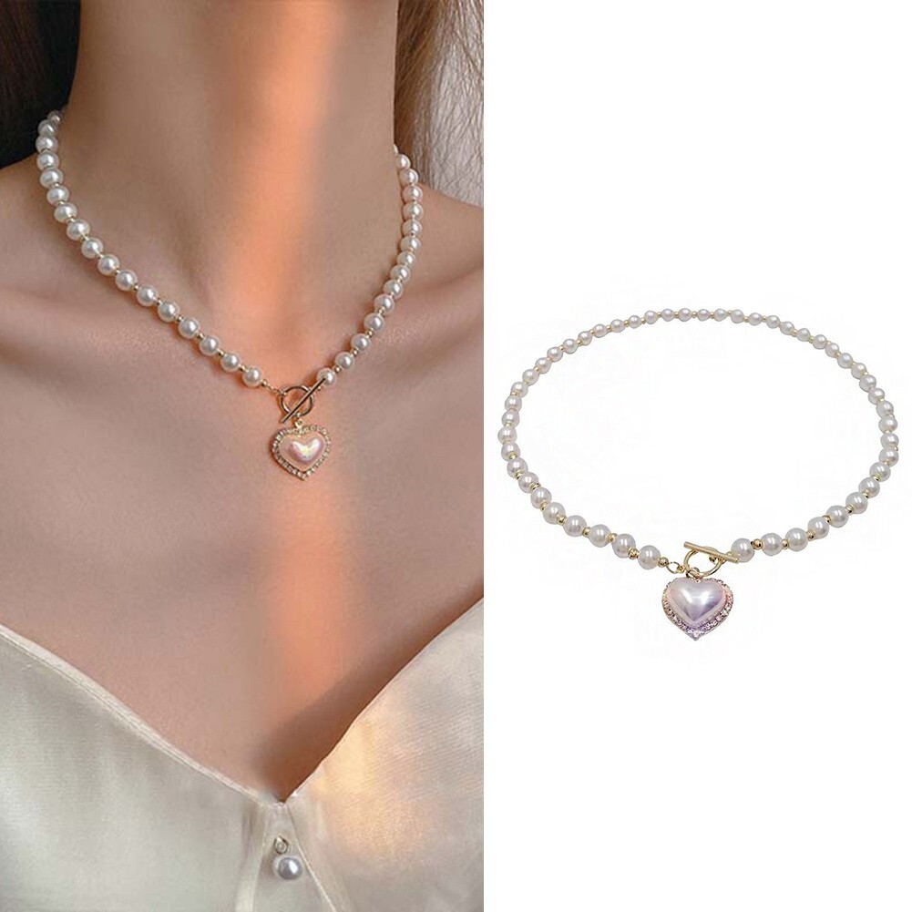 Pendant With Heart Shape Elegant Pearl Necklace Chain OT Buckle Style for Women