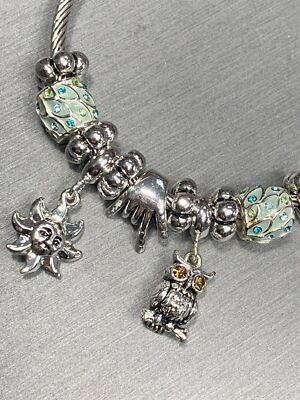 #ad Vintage Silver Rhinestone Enamel Add A Charm Cuff Bracelet Owl Sun Hand Ten $27.70