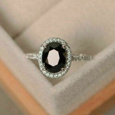 Halo Solitaire Engagement Ring 2.20ct Oval Cut Black Diamond 14K White Gold Over