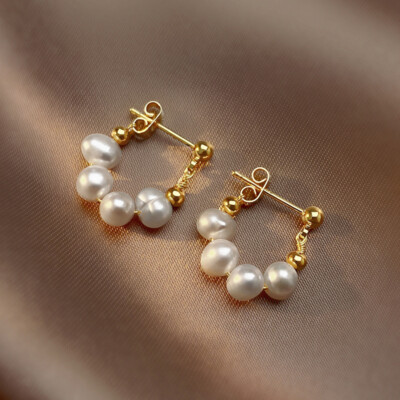 Elegant Natural 7-8mm White Freshwater Baroque Pearl Beaded Dangle Stud Earrings