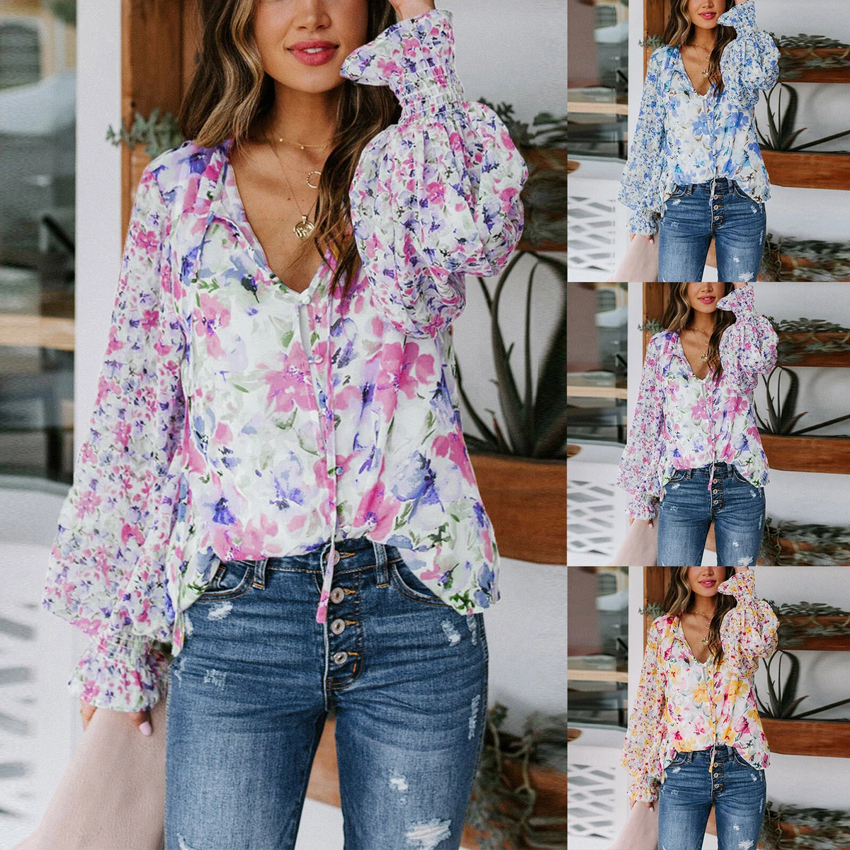 Womens Blouse Petal Long Sleeve Shirt Loose Shirt Casual Floral