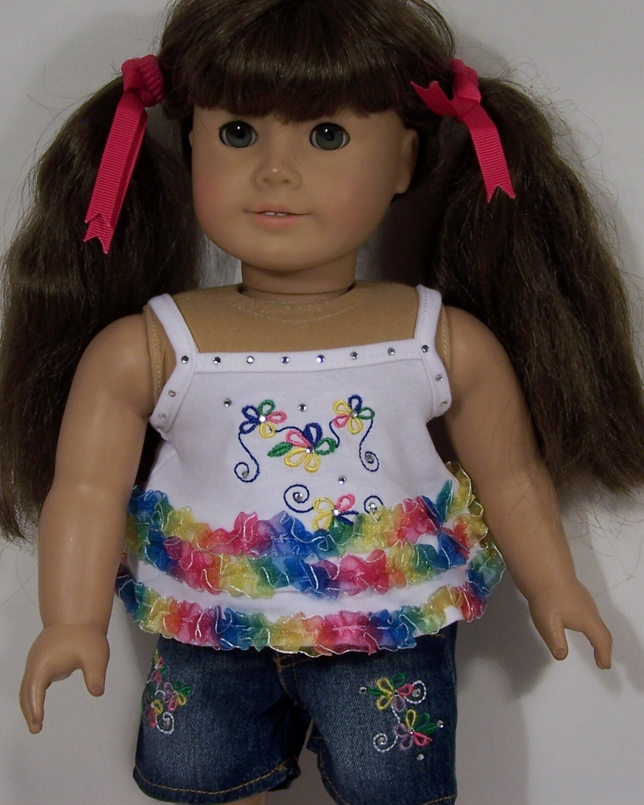 Rainbow Ruffle Tank Top &Denim Shorts Doll Clothes For 18" American Girl (Debs)