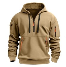 Men Retro Sweatshirt Work Half Zip Up Jumper Hoodie Hooded Jacket Coat