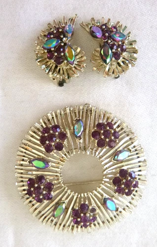 Vintage Signed Lisner 2" Brooch 1" Clip Earrings Set Dazzling Rhinestones
