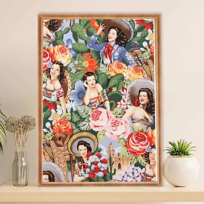 Vintage Mexican Pin-Up Girls Poster Retro 50s Latina Floral Wall Art