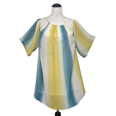 NWT Entro Boho Watercolor Striped Dress M Whimsy Pastel Blue Yellow Cold Shoulde