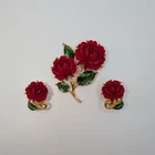 Vintage Red Rose Brooch Pin/Clip-on Earrings Costume Jewelry Gold-tone BEAUTIFUL