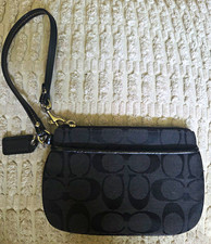 Coach Signature Logo Wristlet Zip Pouch Black Gray Wrist Strap Silver Hardware