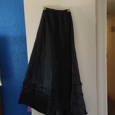 Black Vintage Long Skirt with Pleated and Ruffled Hem Detailing