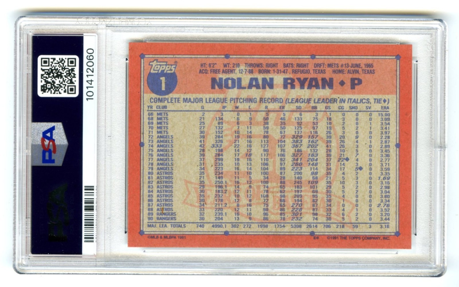 NOLAN RYAN~TEXAS RANGERS~1991 TOPPS PSA-9 MINT GRADED BASEBALL CARD#1  NEW CASE view 2