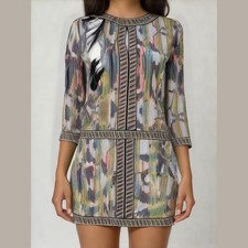 BCBGMAXAZRIA Multicolor Shift Dress Long Sleeve Sleeve Peekaboo Bodice XXS