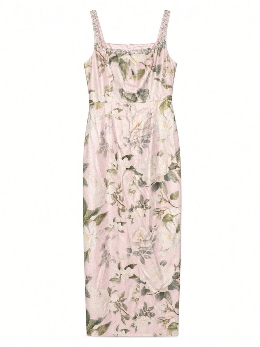 Maxi Vestido Adrianna Papell Rosa Floral Cuello Cuadrado Jacquard Talla 2 Nuevo con Etiquetas