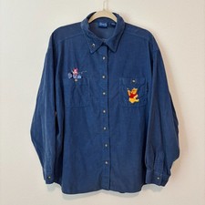 Vintage Winnie the Pooh Shirt Women's XL Blue Corduroy Embroidered Button Up
