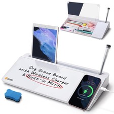 Desktop Glass Whiteboard with Wireless Charger Station Built-in Mirror, Dry...