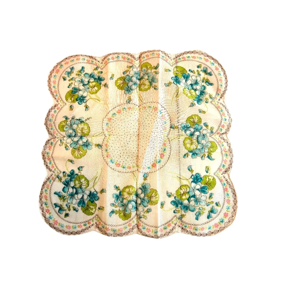 Pañuelo vintage para damas azul aguamarina floral lunares bordes festoneados coleccionista Foto 2 de 4