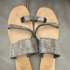 INC Silver Black Rhinestone Strappy Block Heel Slip-On Women's Comfort Sandals