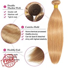 3pk Honey Blonde Straight Human Hair Bundles, 26-30 Inch Color 27
