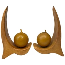 Carved Curved Wood Round Candle Stick Art German Boho Sculpture MCM Pair