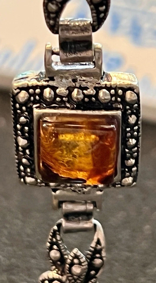 Pulseira de filigrana âmbar natural vintage 925 prata esterlina sólida 8 pol - Imagem 3 de 4